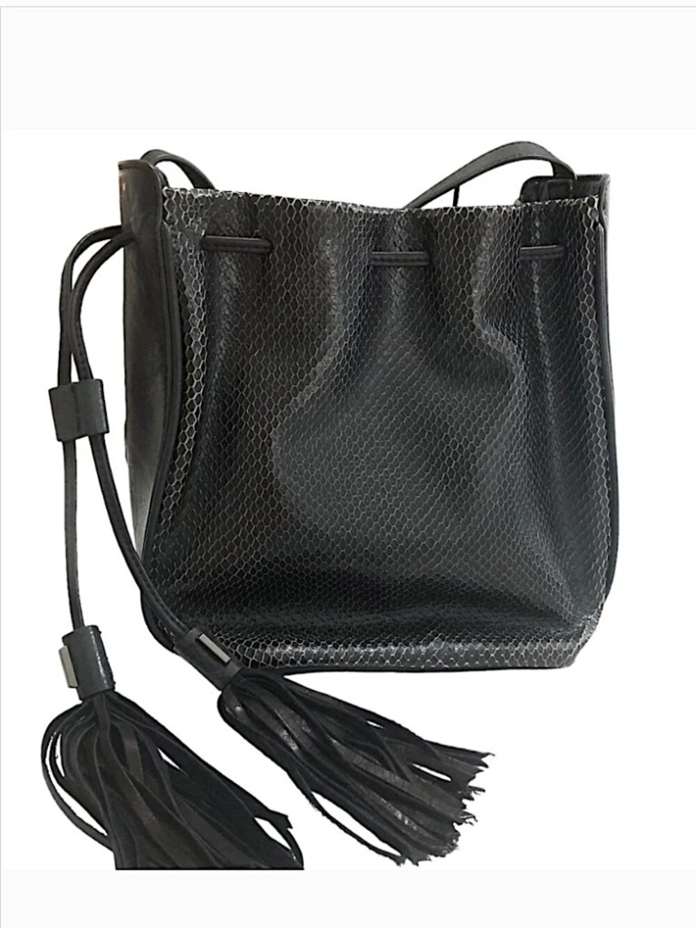 BOTKIER Snake Embossed Black Leather Tassel Drawstring Crossbody Bucket Bag